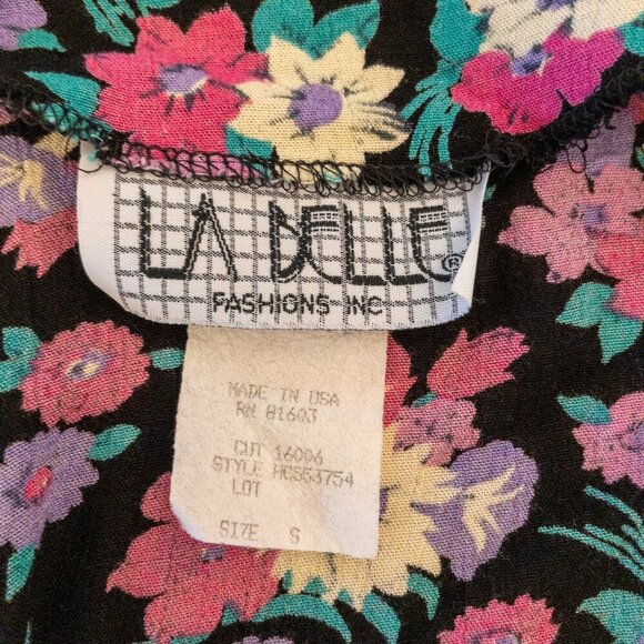 Vintage 80s La Belle Floral Blouse S | Rose Button Black Top Made in USA - Picture 3 of 5